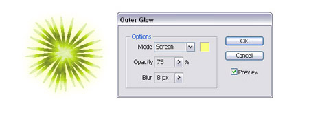 Затем перейдите в Effect> Stylize> Outer Glow и установите значения, как показано ниже