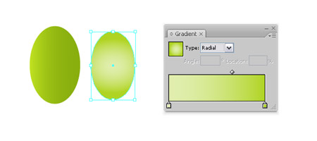 Создайте вторую фигуру меньше первой и заполните ее радиальным градиентом, используя цвета: (224,238,174), (175,212,34)